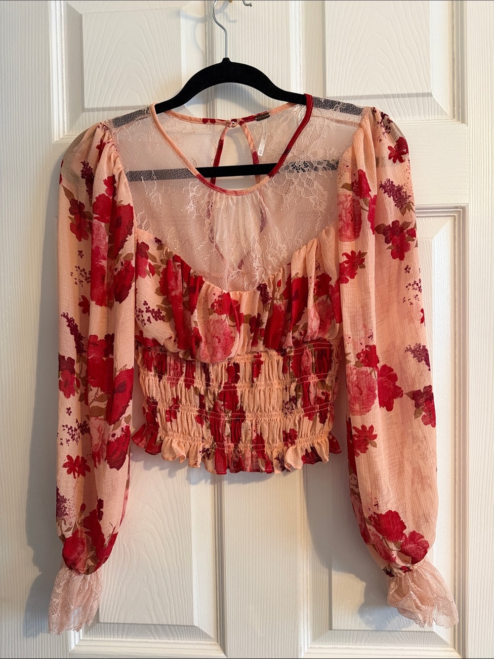Free People Pink Blouse with Red Floral Print and Lace Yoke